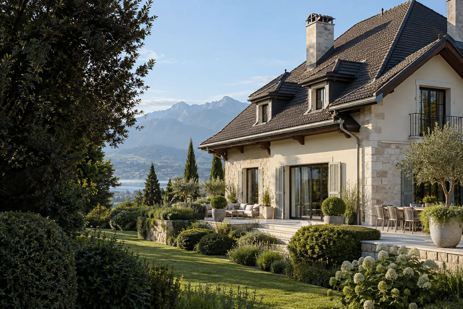 Maison et toiture au pied des Alpes